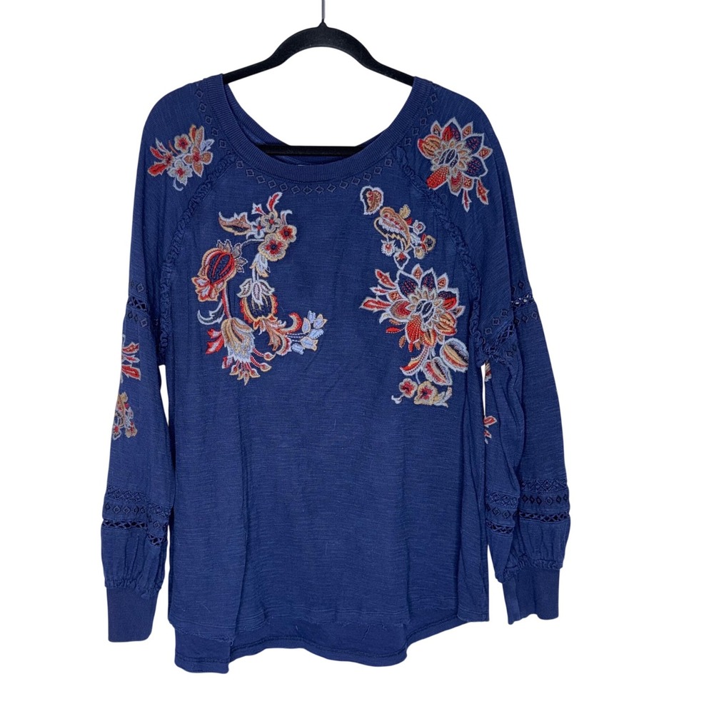 Sundance Embroidered Floral Boho Top Womens XXL Blue Crochet Lace Raglan